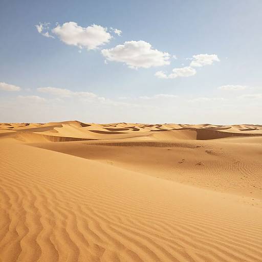 Photograph of a vast, sunlit desert with golden sand dunes, rippled textures, and a bright blue sky with scattered white clouds.