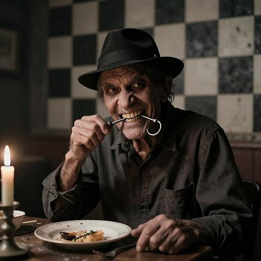 Grotesque Man in Dark Industrial Setting