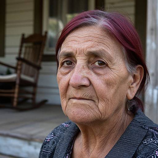 Photograph of an elderly woman with deep wrinkles, red hair, and a serious expression, wearing a dark, patterned top, standing on a porch