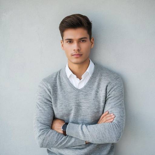 Young Man in Grey Sweater with Arms Crossed