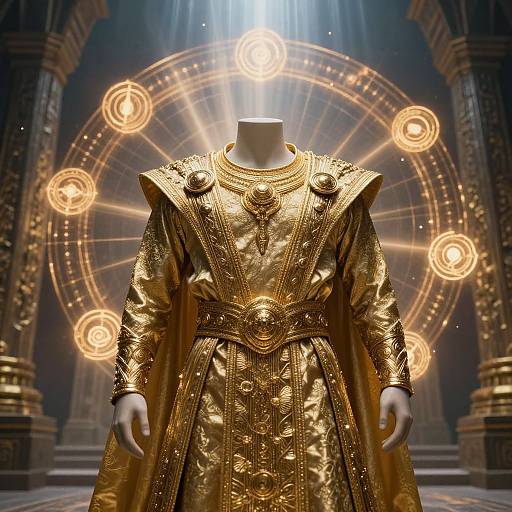Photograph of a gold, ornate, medieval-style robe on a headless mannequin, illuminated by glowing circular lights in a grand, architectural