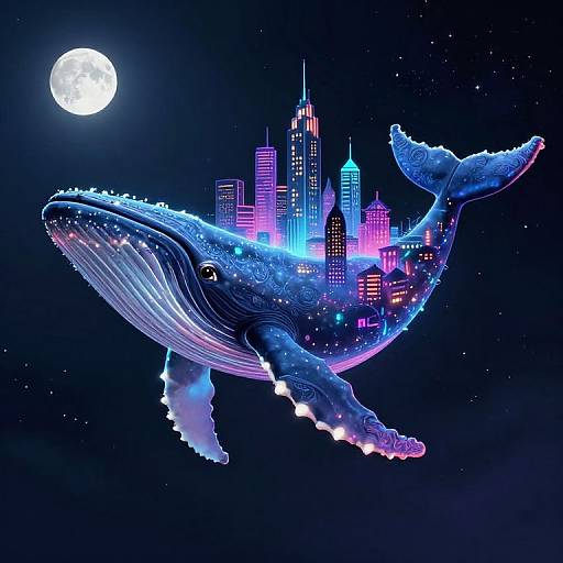 Digital artwork of a bioluminescent blue whale with a cityscape inside its body, floating in a starry night sky under a full moon.