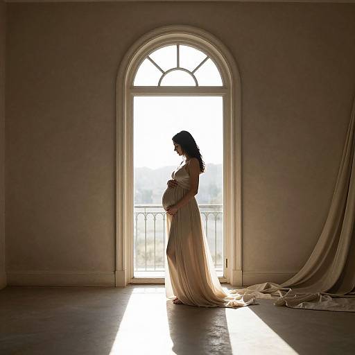 Photograph of a pregnant woman in a flowing beige dress, standing in silhouette against a sunlit arched window, casting a shadow on the floor.