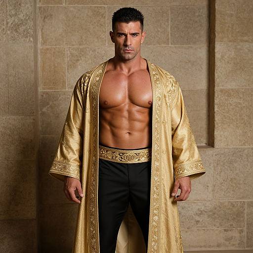 Muscular man with short black hair, wearing an ornate gold robe over black pants, standing against a stone wall. Photographic image.