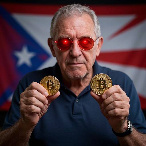Photograph of an elderly white man with grey hair, red sunglasses, black polo, holding two Bitcoin coins, against a Texas flag background.