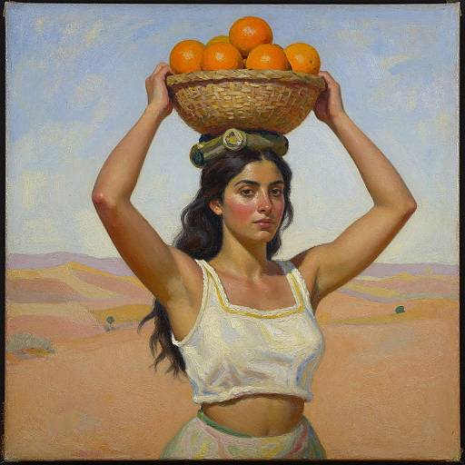 Oil painting of a dark-haired woman with olive skin, wearing a white crop top and headscarf, balancing a basket of oranges on her head in