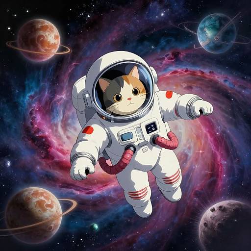 Digital art of a cute cat in a white astronaut suit floating in a colorful, starry galaxy with planets and nebulas.