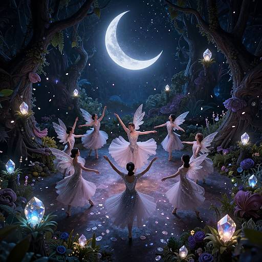 Digital fantasy artwork: six fairy-like dancers in white tutus with wings, arms raised, under a glowing crescent moon, surrounded by enchanted forest,