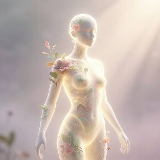 Digital artwork of a glowing, ethereal woman with flower tattoos, illuminated by bright sunlight, standing against a hazy, pastel sky.