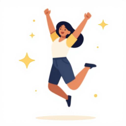 Digital illustration of a joyful Asian woman with black hair, wearing a white shirt and blue shorts, jumping with arms raised, surrounded by yellow sparkles on