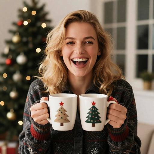 Festive Blonde Woman with Christmas Mugs
