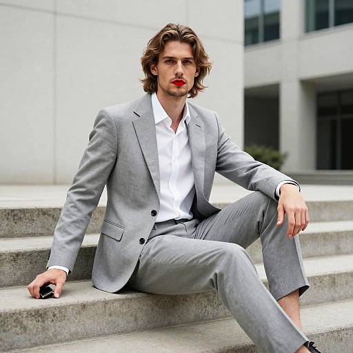 Photograph of a handsome man with wavy brown hair, wearing a light gray suit, white shirt, and red lipstick, sitting on concrete steps in