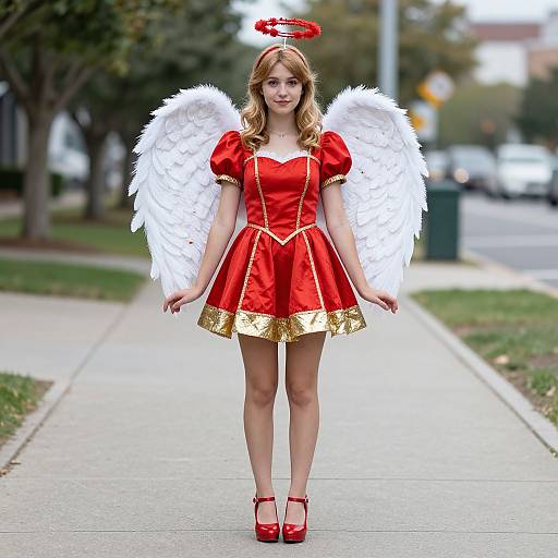 Photograph of a young woman with blonde hair, wearing a red angel costume with white wings, red halo, and red heels, standing on a suburban
