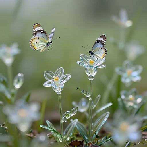 Photograph of two delicate white butterflies with black and orange spots, fluttering around translucent white flowers with yellow centers, set against a softly blurred green background