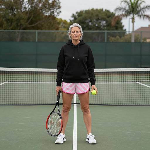Mature Woman Standing on Tennis Court