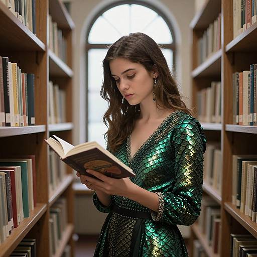 Photograph of a young woman with long brown hair, wearing a green sequined dress, reading a book in a library aisle.