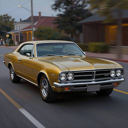 Classic Deep Gold 1960s Muscle Car Driving at Dusk