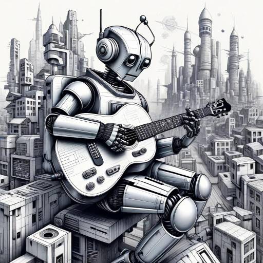 Robot playing guitar in futuristic city