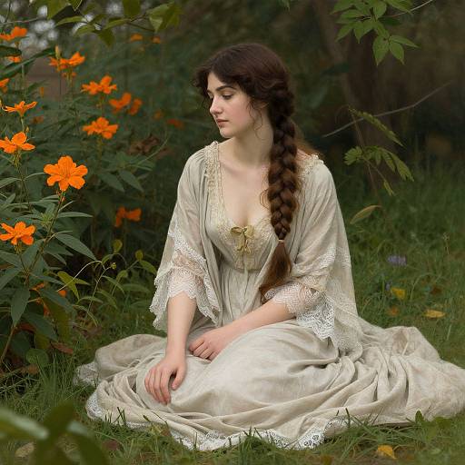Photograph of a fair-skinned woman with long, dark braided hair, wearing a white lace-trimmed dress, sitting on grass beside vibrant
