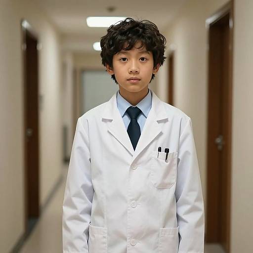 Photograph of an Asian teenage boy with curly black hair, wearing a white lab coat, black tie, and black pens in pocket, standing in a