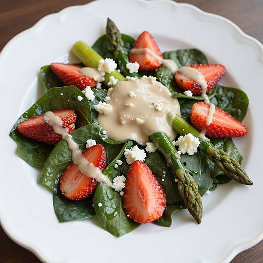 Fresh asparagus salad with vibrant red strawberries, creamy sauce, and crumbled feta on a white, scalloped-edge plate.