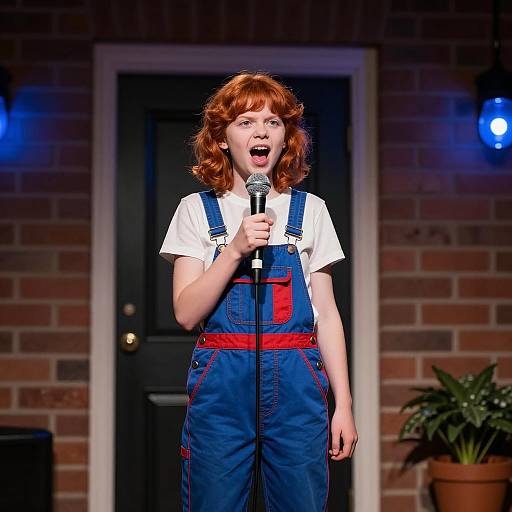 Vibrant Child in Striped Overalls Singing