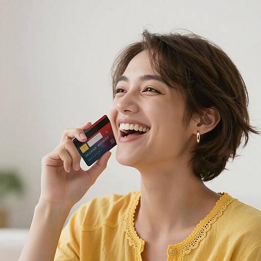 Joyful Woman Using Credit Card as Phone