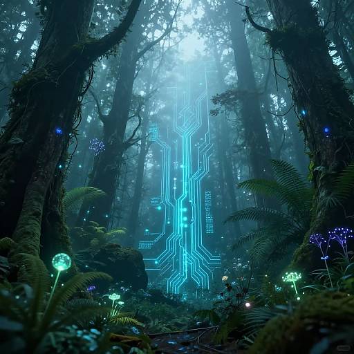 Digital art of a mystical forest with bioluminescent blue circuit patterns glowing through towering trees and glowing mushrooms.