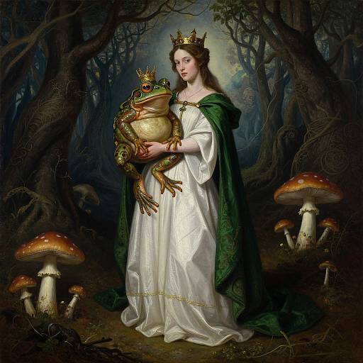 Fantasy painting of a crowned woman in white gown and green cape, holding a gold-crowned frog, surrounded by forest and mushrooms.