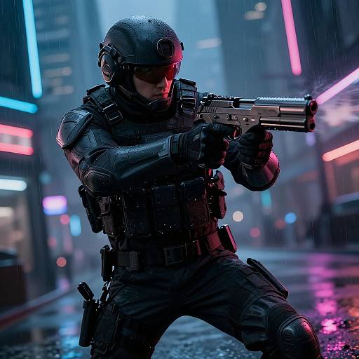 Futuristic Soldier with Silenced Handgun