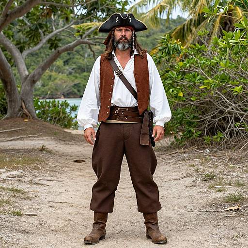Photograph of a bearded pirate with long hair, black tricorn hat, white shirt, brown vest, pants, belt, and boots, standing