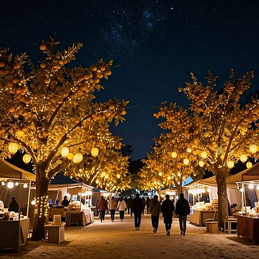 Night market scene: illuminated orange trees, glowing lanterns, people walking, outdoor food stalls, starry sky, warm and inviting ambiance. Photograph.