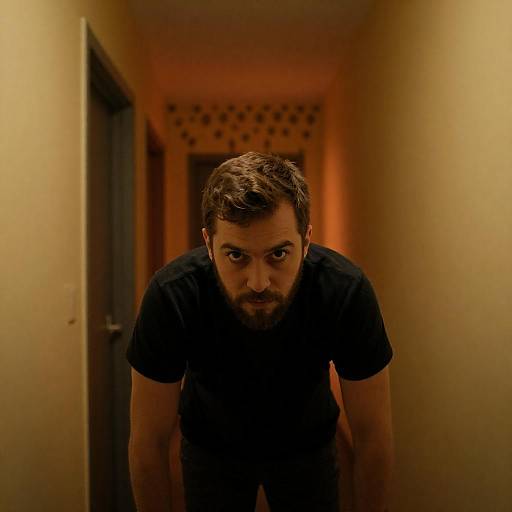 Intense Portrait in Dimly Lit Hallway