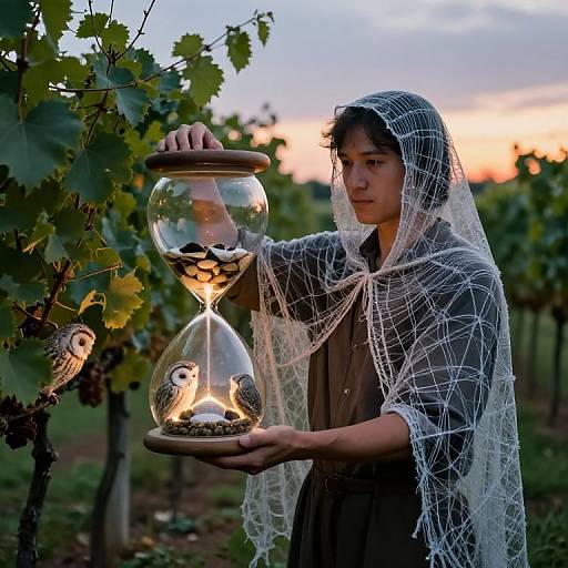 Photograph of an Asian man in a mesh hood holding a glass hourglass with lit candles, standing in a vineyard at sunset.