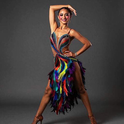 Photograph of a smiling, tan-skinned woman with dark hair in a vibrant, multicolored, feathered dance dress, posing confidently with one