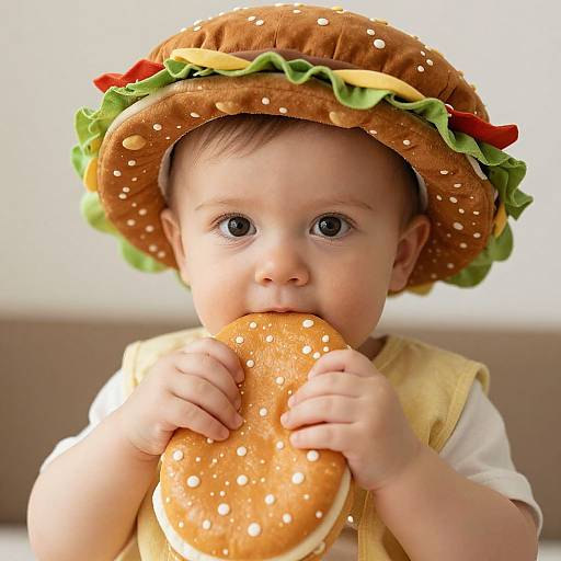Photograph of a baby with a hamburger hat, biting into a sesame seed bun, wearing a yellow vest, with a blurred beige background.
