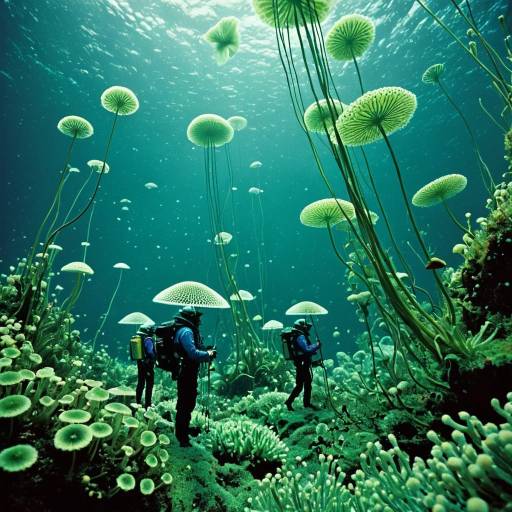 Underwater Ocean Cartographers Among Green Fungus Plants