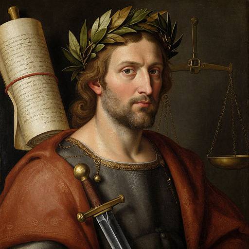 Digital art of a bearded, fair-skinned man with a laurel wreath, wearing a red cloak, holding a scroll and balance scales,