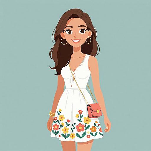 Digital illustration of a smiling woman with long brown hair, wearing a white floral dress, hoop earrings, gold bracelet, and a pink crossbody bag,