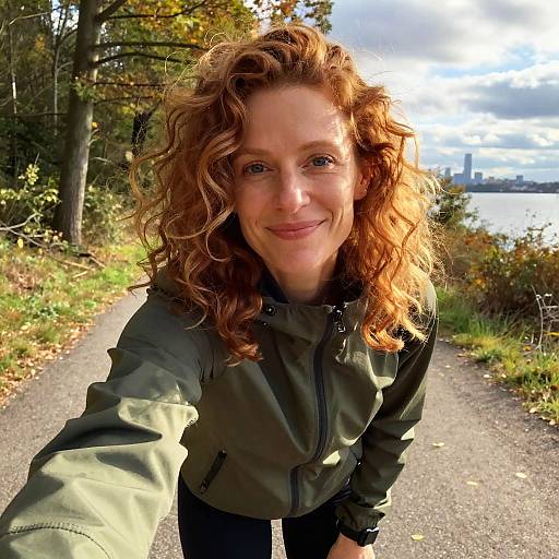 Photograph of a smiling, curly red-haired woman in a green jacket taking a selfie on a sunny, leafy park path with a city skyline and