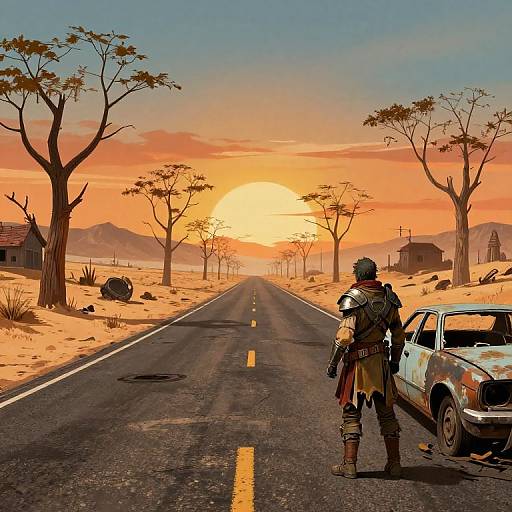 Digital illustration of a warrior in medieval armor standing beside a rusty car on a deserted, sunlit desert road with sparse trees. Sunset in the background.