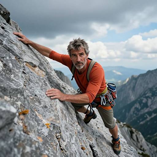 Photograph of a rugged, gray-haired man in an orange shirt and climbing gear, scaling a rocky mountain slope under a cloudy sky.
