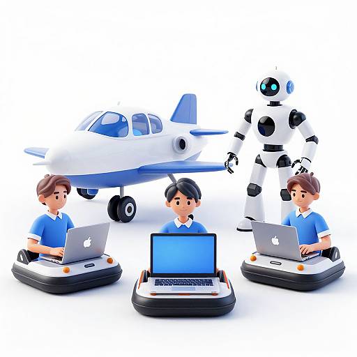 Illustration of four cartoon children in blue shirts using Apple laptops, with a white jet, robot, and white background.