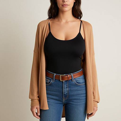 Photograph of a woman with medium skin tone, wearing a black tank top, tan cardigan, blue jeans, and brown belt, standing against a