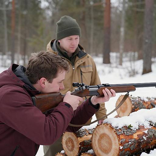 Winter Hunting Duo in Snowy Forest