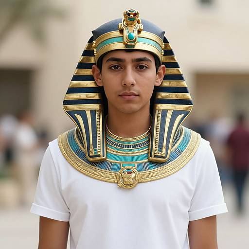 Photograph of a young man with medium brown skin wearing an Egyptian-style headdress and necklace, white t-shirt, standing outdoors.