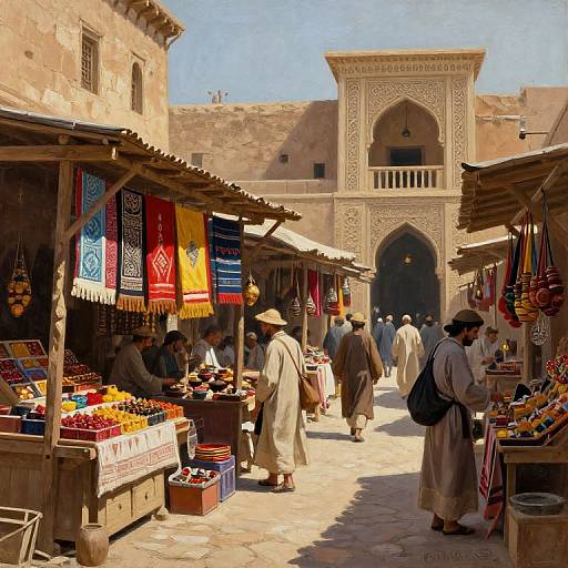 Photograph of a vibrant Middle Eastern bazaar with colorful textile stalls, stone archway, and shoppers in traditional attire under bright sunlight.
