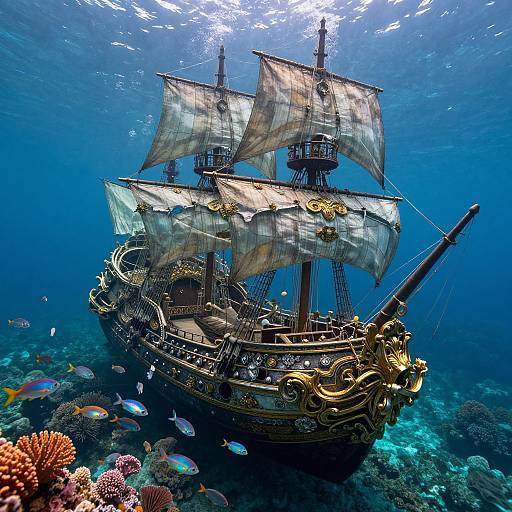 Photograph of an ornate, vintage-style pirate ship with billowing sails, surrounded by colorful coral reefs and vibrant fish, underwater.