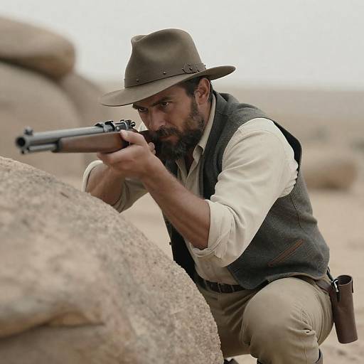 Rugged Man Aiming Rifle in Desert