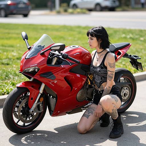 Edgy Woman Posing with Red Sports Motorcycle